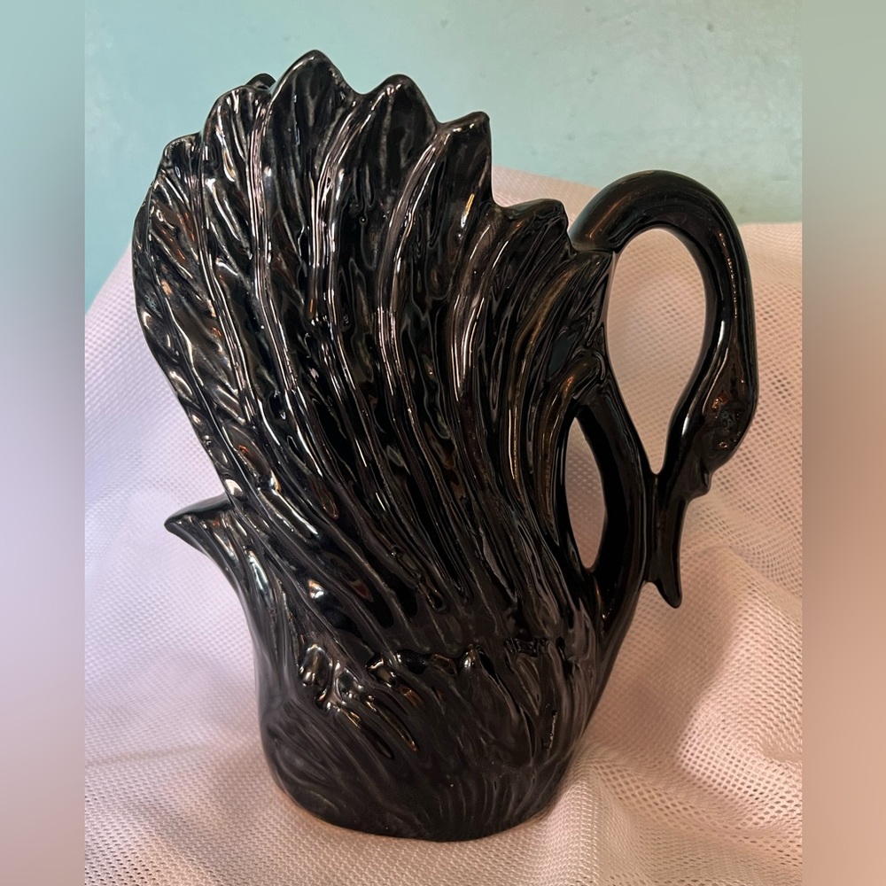 Vintage 1920's Black Swan Pitcher Vase Planter with Gloss Glazed Ceramic Finish